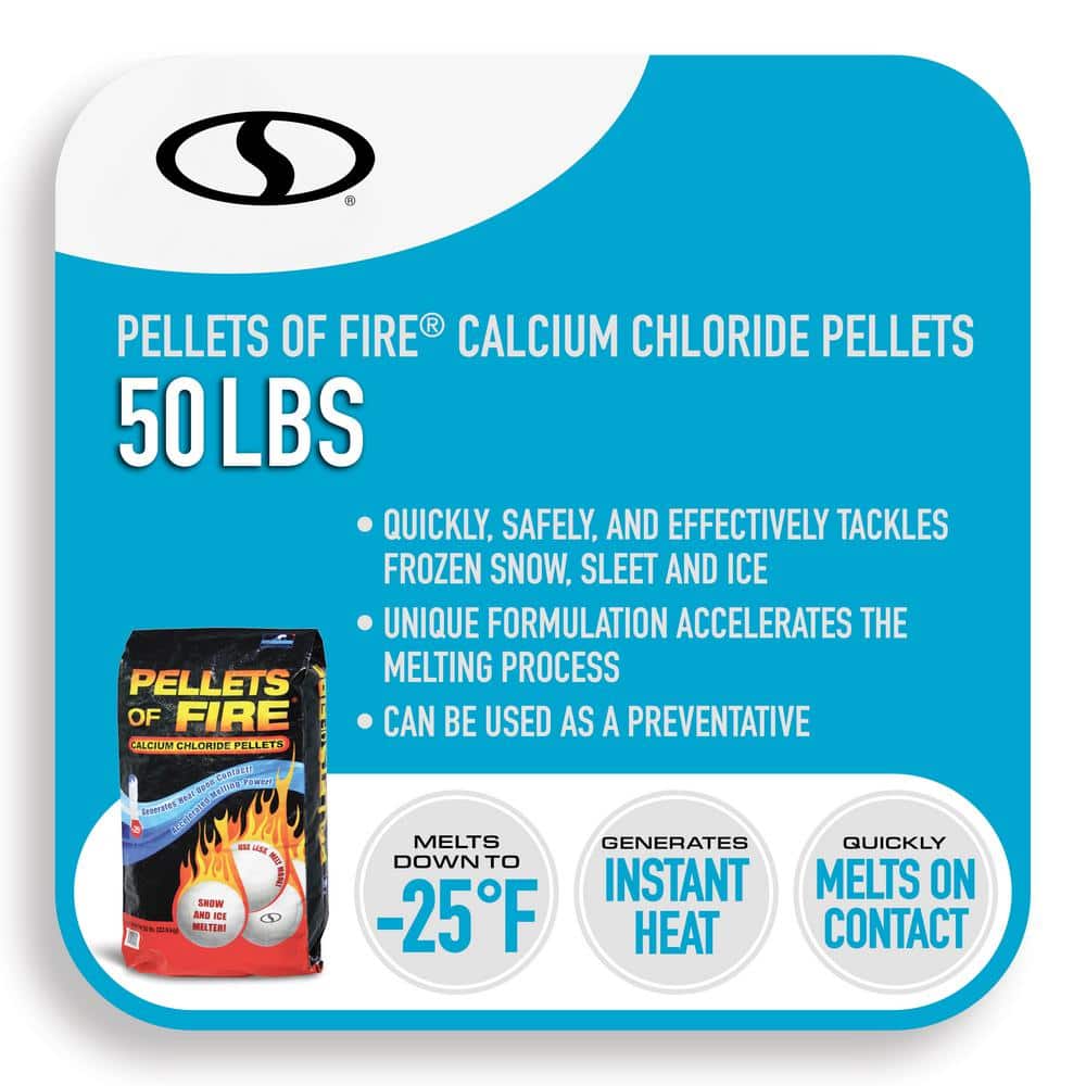 Pellets of Fire 50 Lb. Calcium Chloride Blend Ice and Snow Melt Plus Deicer w/ Heat Generating Pellets, Works to – 25°F - Hercitys