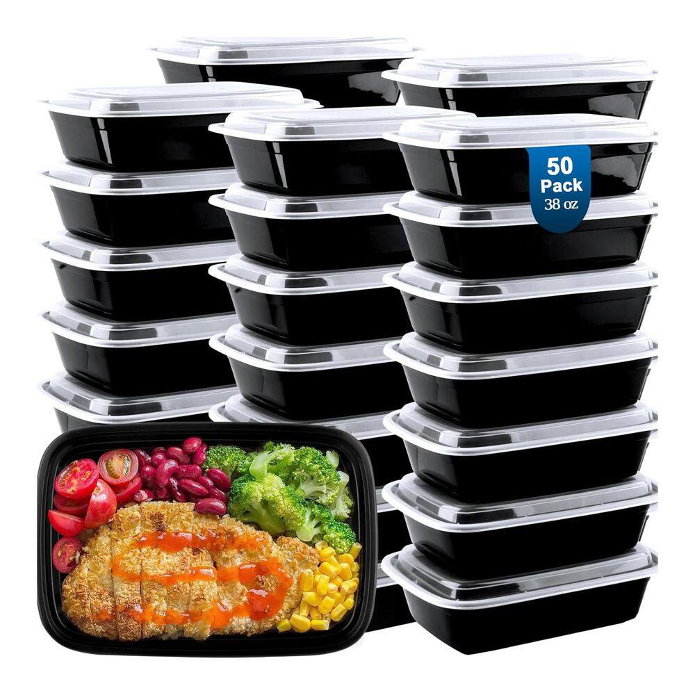 Meal Prep Containers 50-Piece 38 oz. Reusable Plastic BPA-Free with Lids Leak Proof Microwave Dishwasher Freezer Safe - Hercitys