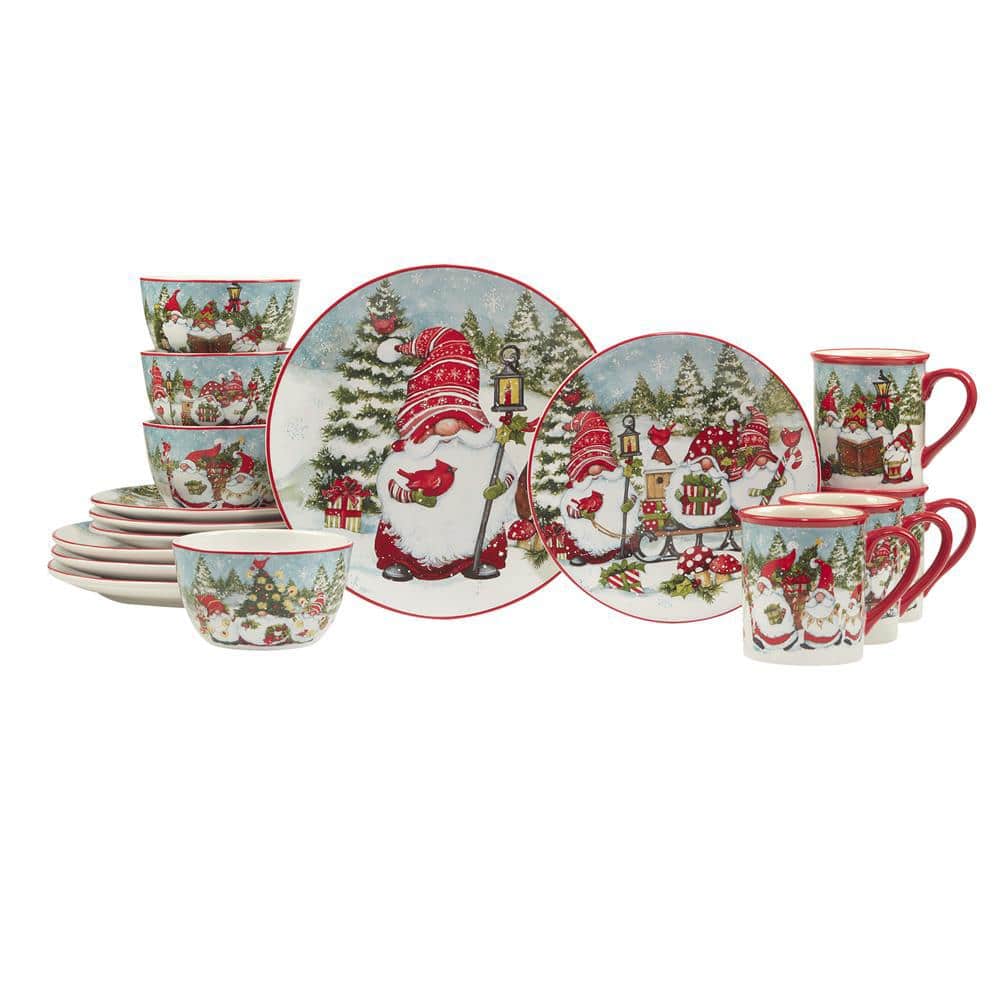 Christmas Gnomes 16-Pcs Assorted Colors Earthenware Dinnerware Set (Service for 4) - Hercitys