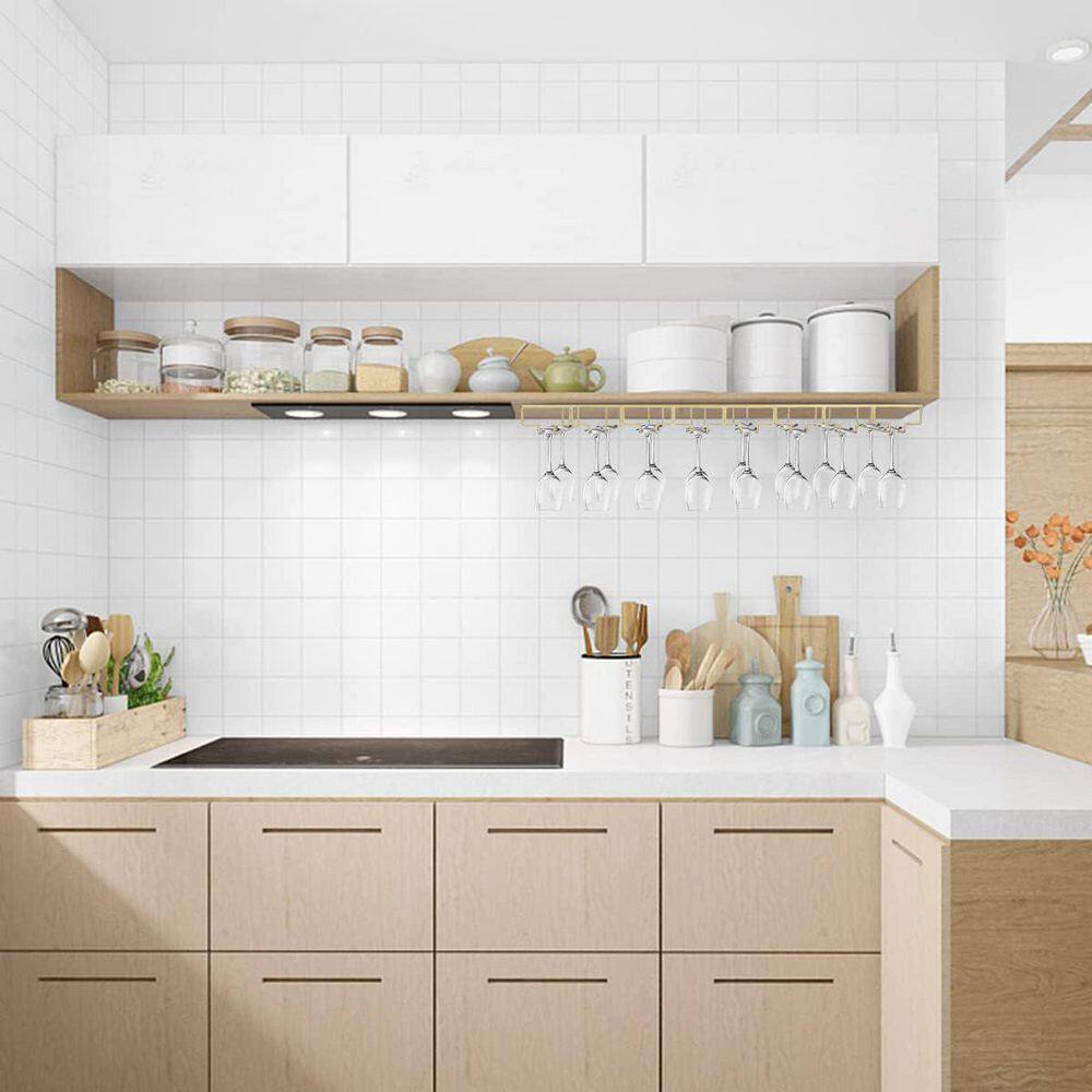 Wine Glass Rack Under Cabinet 8-Row Gold Metal Stemware Hanger DIY Bar Glass Storage with Screws Included - Hercitys