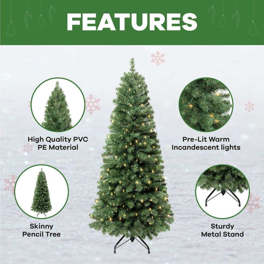 9.5 ft. Skinny Prelit Slim Artificial Christmas Tree with 1455 Branch Tips, 500 Warm Lights and Metal Stand - Hercitys