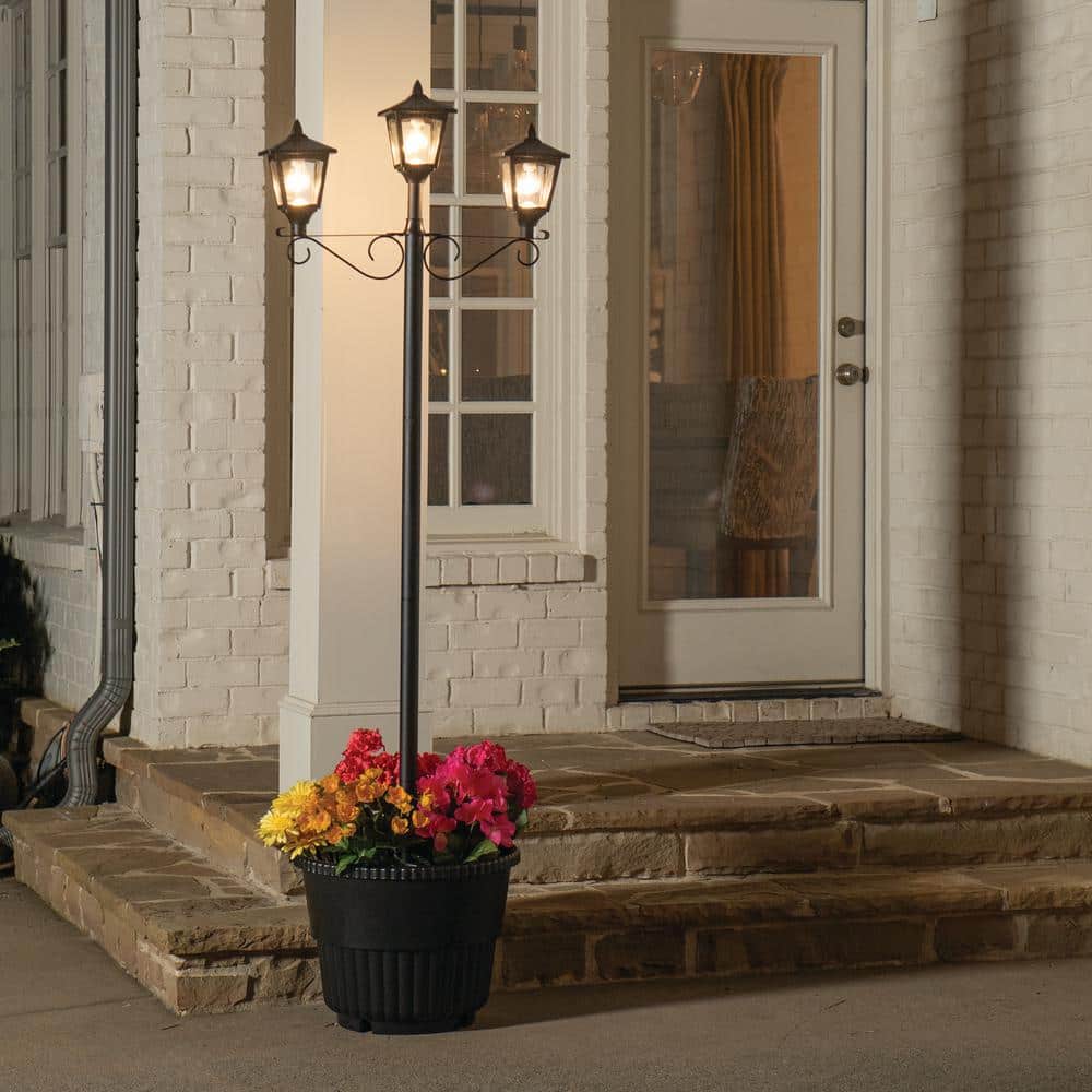 Triple Head 3-Light Black Outdoor Solar Warm White LED Lamp Post Light Set with Round Planter for Garden and Porch - Hercitys