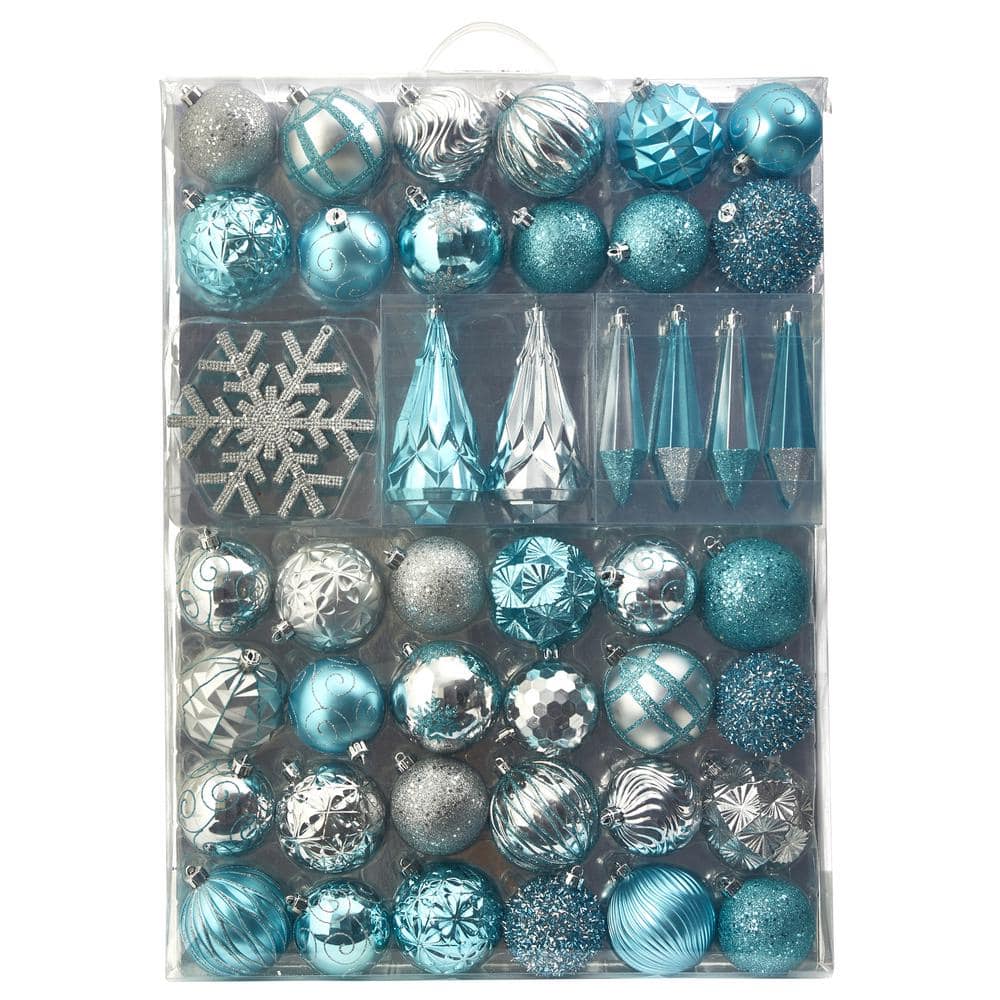 Holiday 3 in. to 6 in. Blue Shatterproof Christmas Tree Ornament Box Set with Reusable Tray (52-Count) - Hercitys