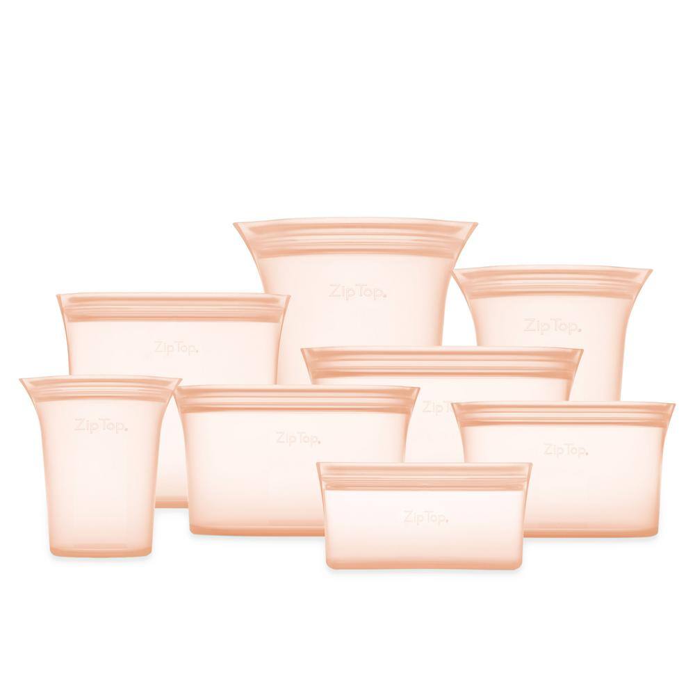 Reusable Silicone 8-Piece Set 3-Sizes of Cups, 3-Sizes of dishes, 2-Sizes of Bags, Zippered Storage Containers in Peach - Hercitys