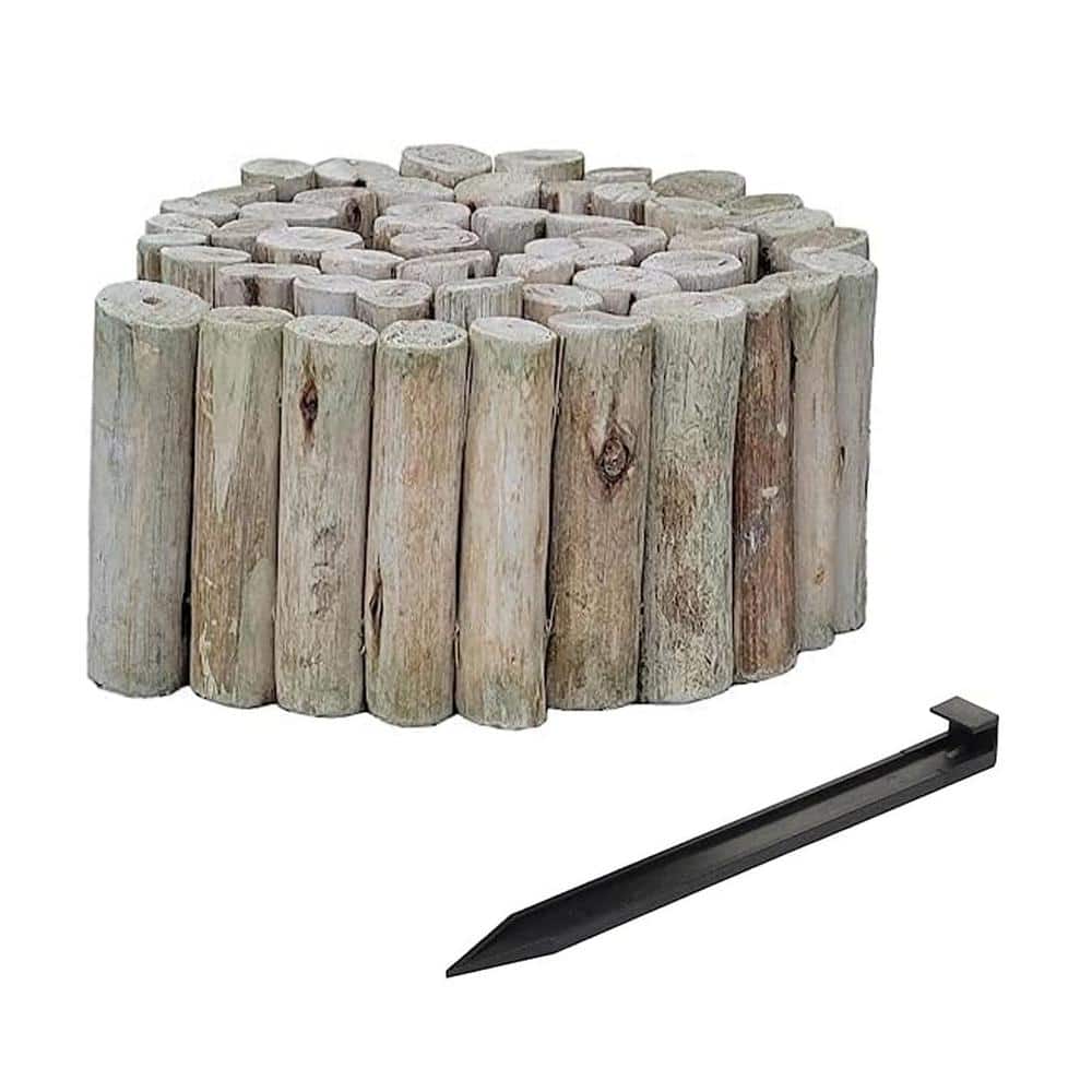 72 in. L x 6 in. H x 1.25 in. D Garden Natural Eucalyptus Wood Landscape Edging Lawn Fence Borders with Anchoring Stake - Hercitys