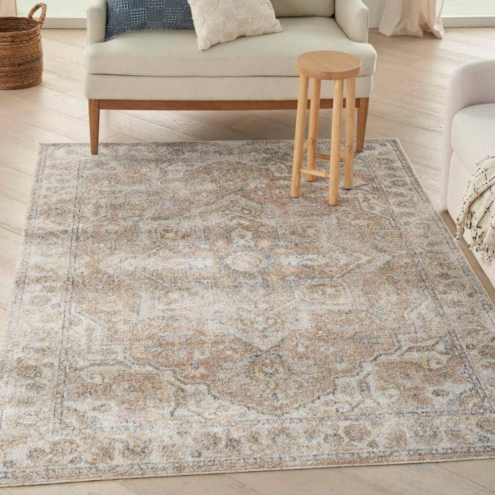 Astra Machine Washable Beige 5 ft. x 7 ft. Distressed Traditional Area Rug - Hercitys