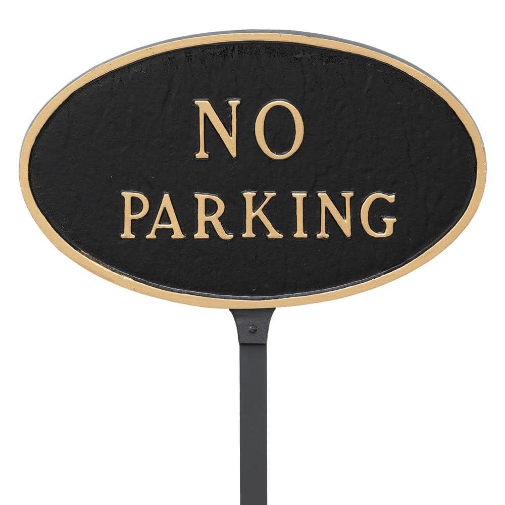 6 in. x 10 in. Small Oval No Parking Statement Plaque Sign with 23 in. Lawn Stake, Black with Gold Lettering - Hercitys