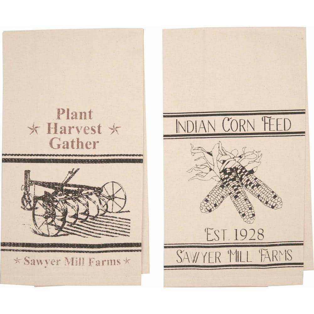 Sawyer Mill Beige Charcoal Plow and Corn Cotton Muslin Unbleached Kitchen Tea Towel Set (Set of 2) - Hercitys