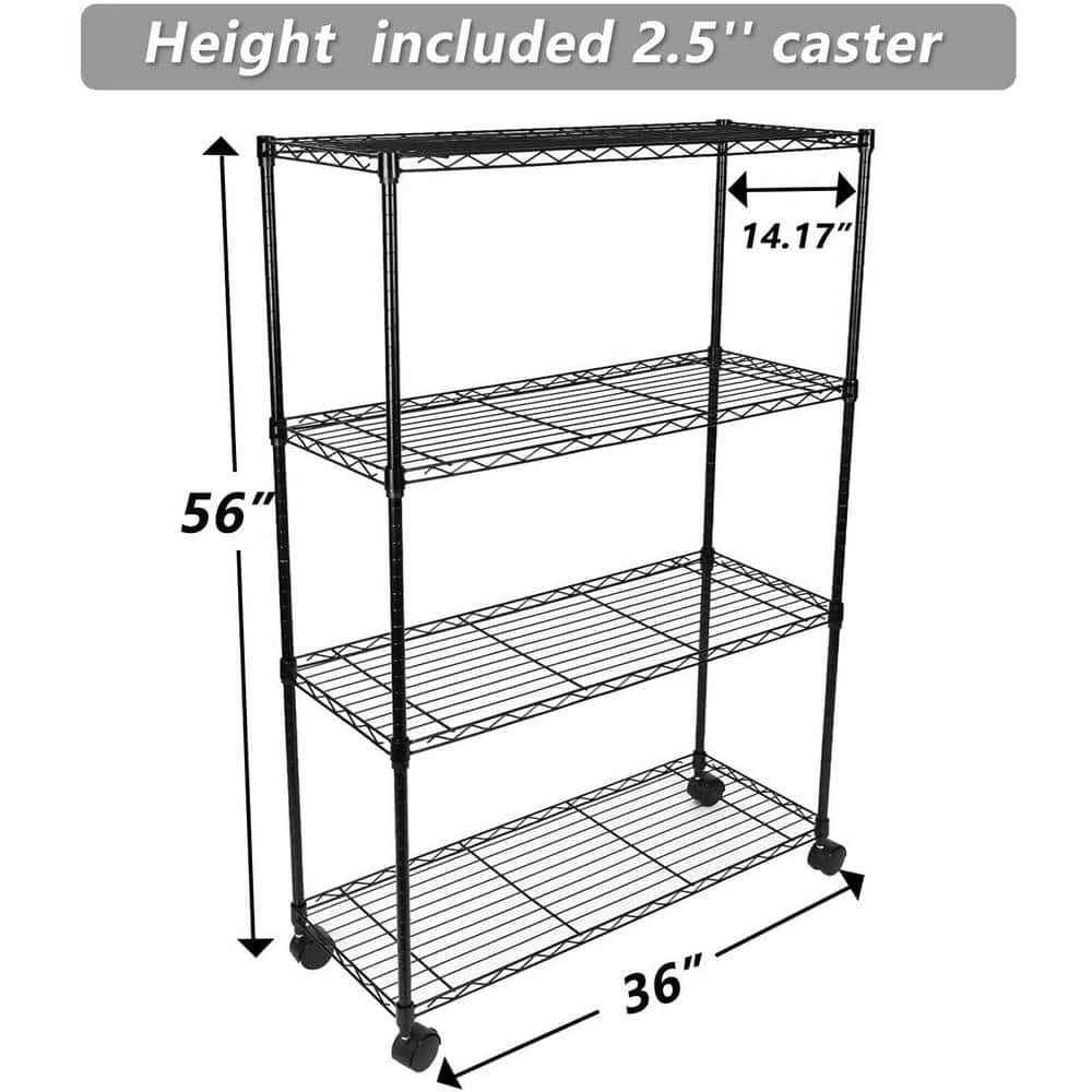 Black Rolling 4-Tier Metal Heavy Duty Wire Shelving Unit (36 in. W x 54 in. H x 14 in. D) - Hercitys