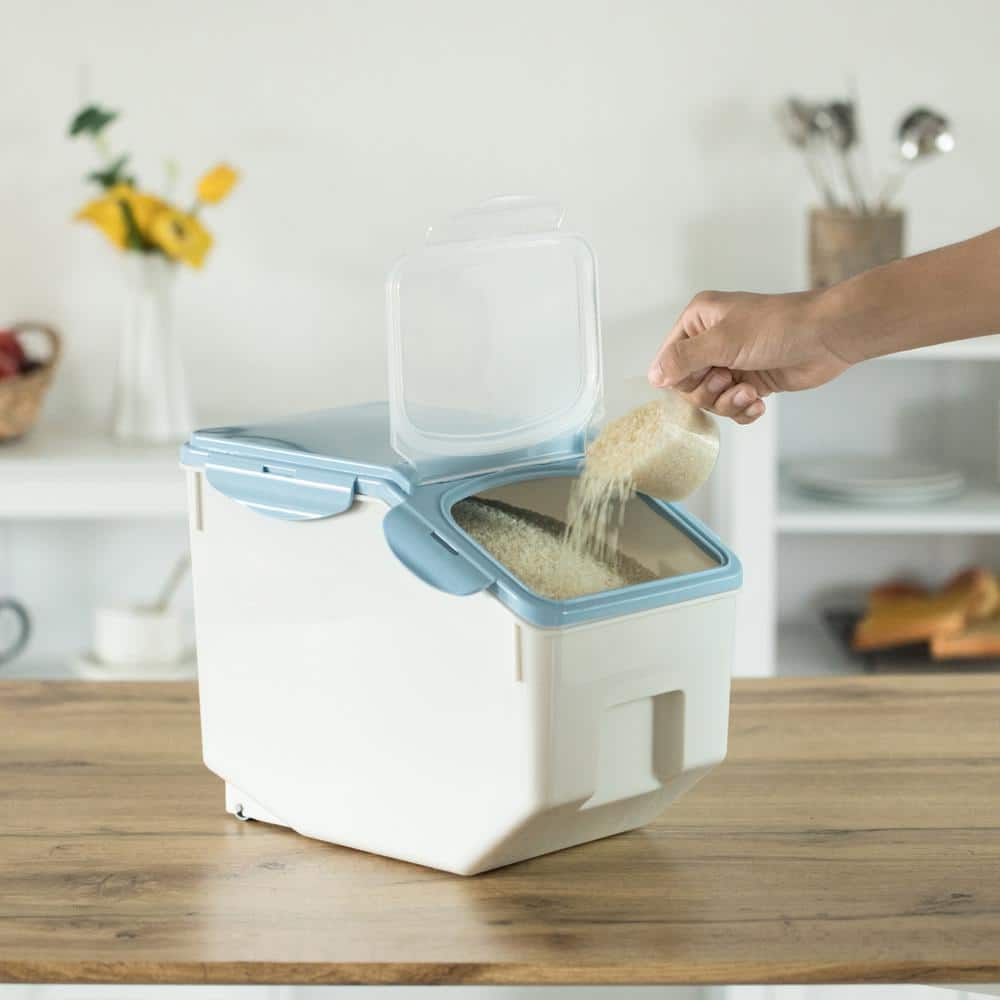 White Plastic Storage Food Holder Containers with a Measuring Cup and Wheels, Medium (Set of 2) - Hercitys