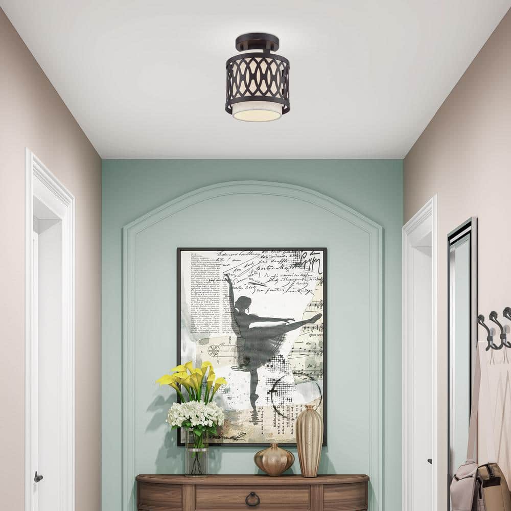 Vistaview 1-Light English Bronze Semi Flush Mount with Oatmeal Fabric Shade - Hercitys