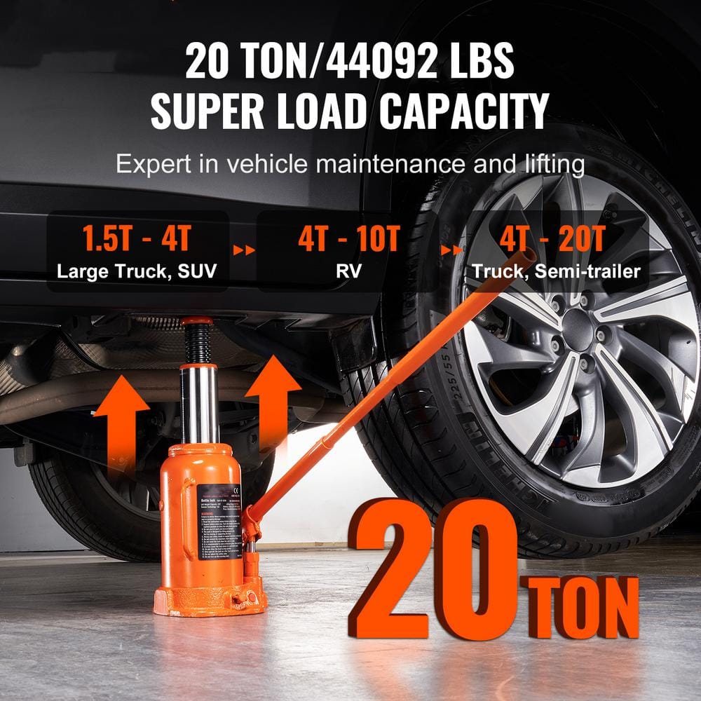 Hydraulic Bottle Jack 20 Ton All Welded Bottle Jack 9.4 in. to 17.7 in. Lifting Range with Longer Handle for Auto Repair - Hercitys