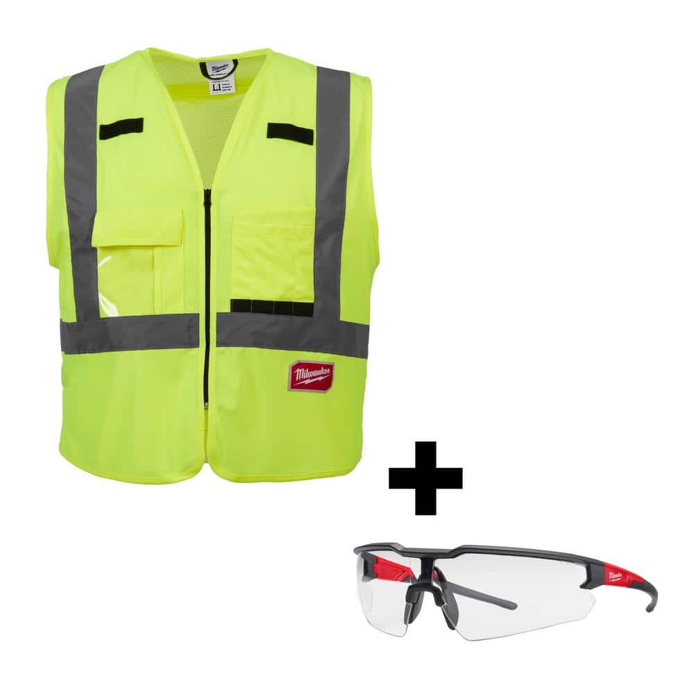 Small/Medium Yellow Class 2 High Visibility Safety Vest with 10 Pockets & Clear Safety Glasses Anti-Scratch Lenses - Hercitys