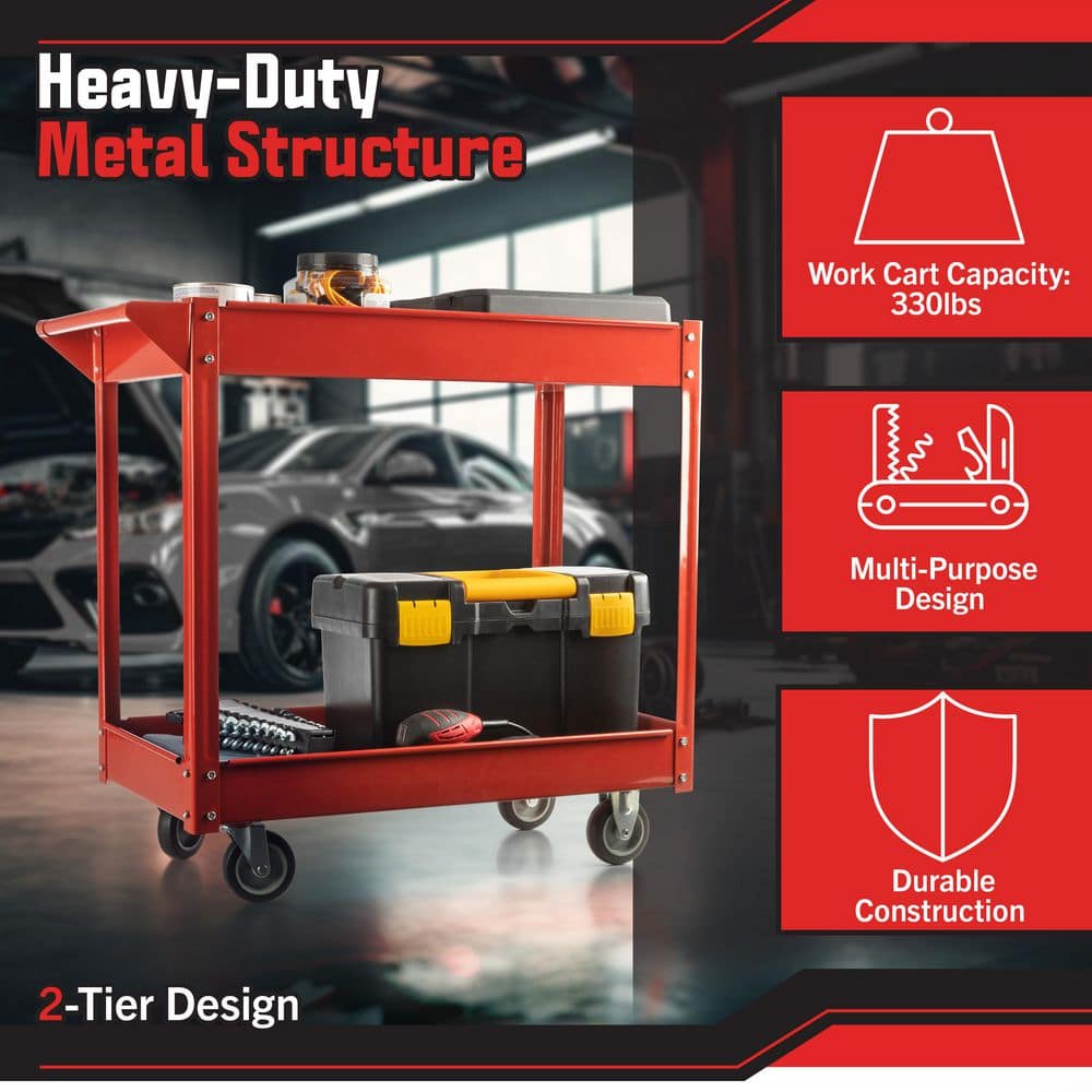 Red Utility Cart – Heavy-Duty Work Cart with 2-Storage Tray Shelves – Holds up to 330 lbs. - Hercitys