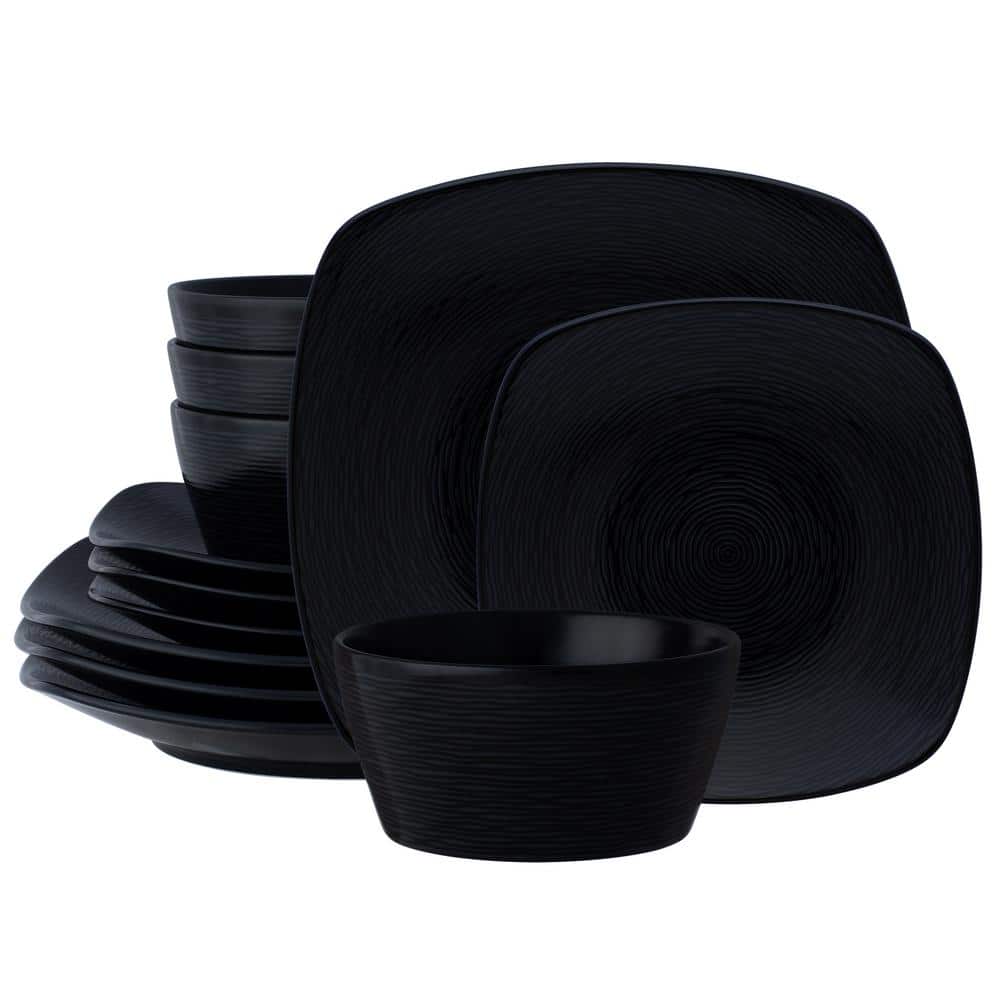 Colorscapes Black-on-Black Swirl 12-Piece (Black) Porcelain Square Dinnerware Set, Service for 4 - Hercitys
