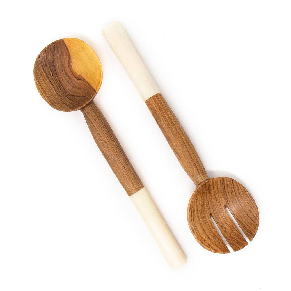 Olive Wood 2-Piece Salad Servers with White Bone - Hercitys