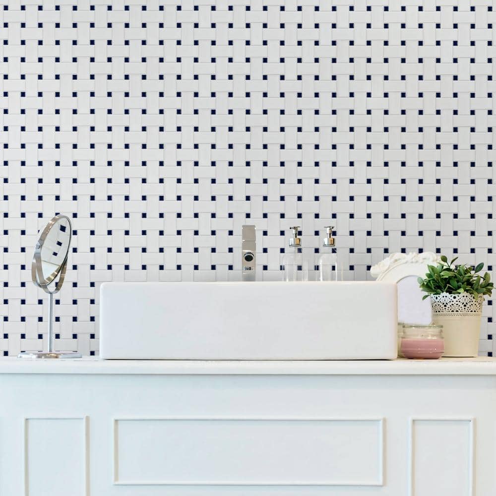 Metro Basketweave White with Glossy Cobalt Dot 11-3/4 in. x 11-3/4 in. Porcelain Mosaic Tile (9.8 sq. ft./Case) - Hercitys