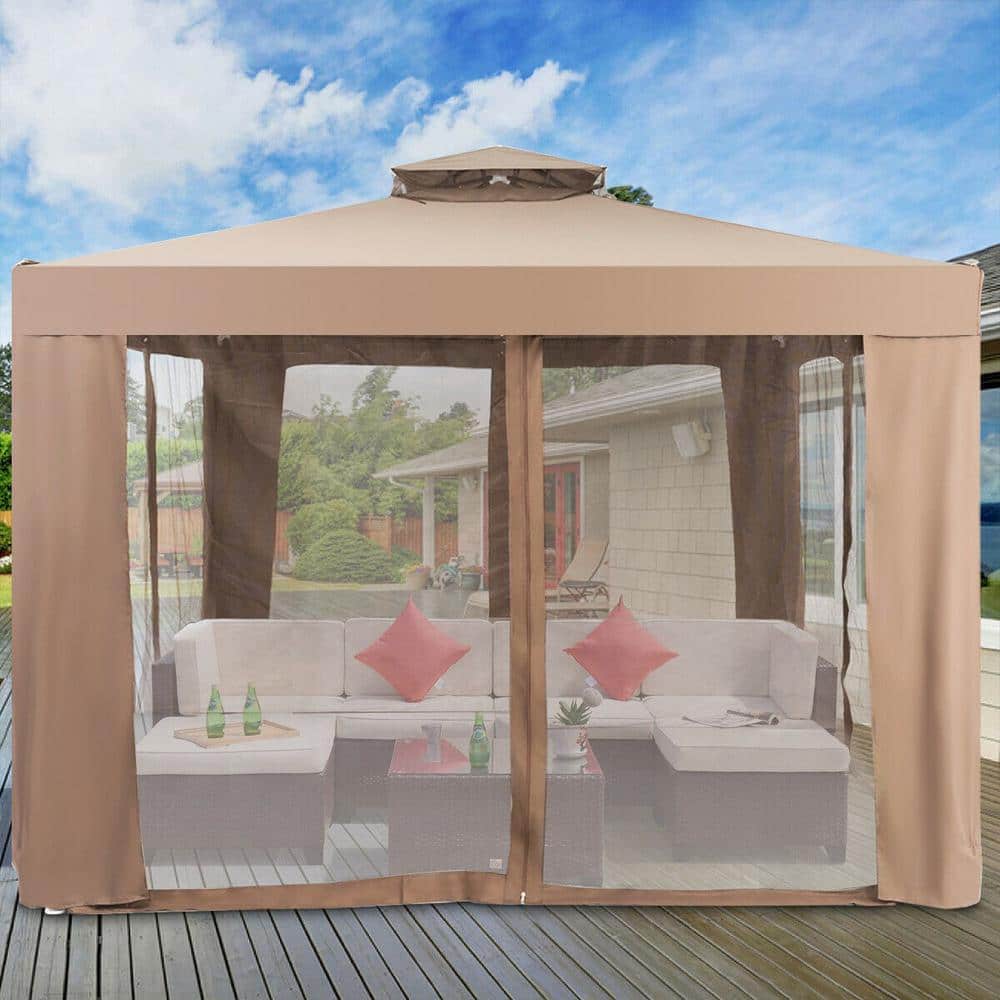 9.8 ft. x 9.8 ft. Brown Metal Frame Gazebo Canopy with Mosquito Mesh - Hercitys