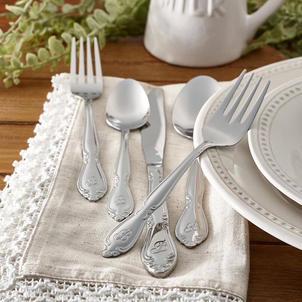 Rose Monogrammed Letter C 46-Piece Silver Stainless Steel Flatware Set (Service for 8) - Hercitys