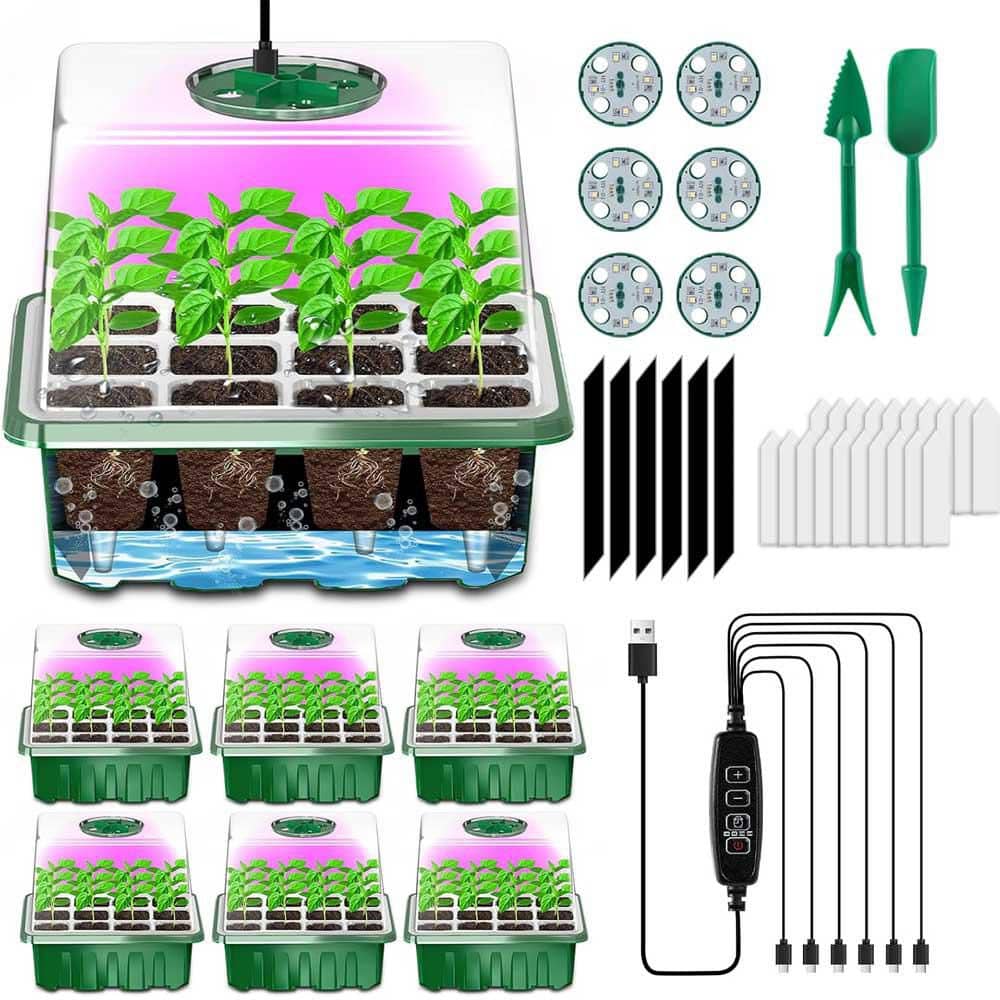 Seed Starter Tray with Grow Light 5-Pack 60 Cells Kit Seedling Starter Trays with Dome Heightened Lids Greenhouse Green - Hercitys