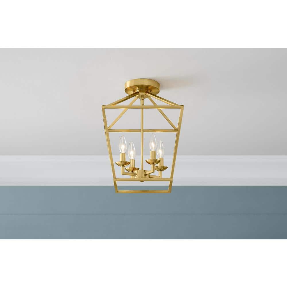 Weyburn 16.5 in. 4-Light Gold Farmhouse Semi-Flush Mount Ceiling Light Fixture with Caged Metal Shade - Hercitys
