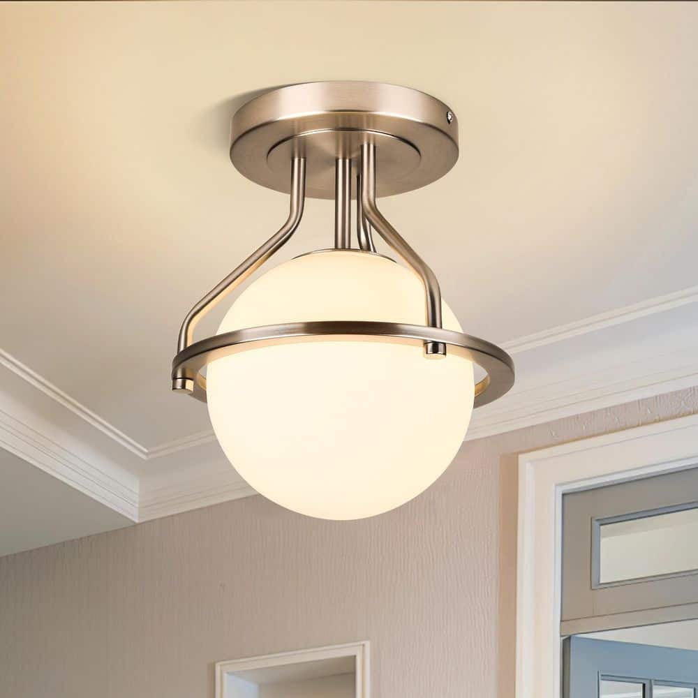 Mid-century 10 in. 1-Light Blushed Nickel Semi-Flush Mount Ceiling Light Fixture with Milky Glass Globe Shade - Hercitys