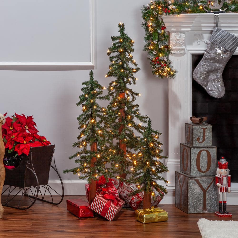 Set of 3 PreLit Alpine Artificial Christmas Tree with 110 Warm White Lights - Hercitys