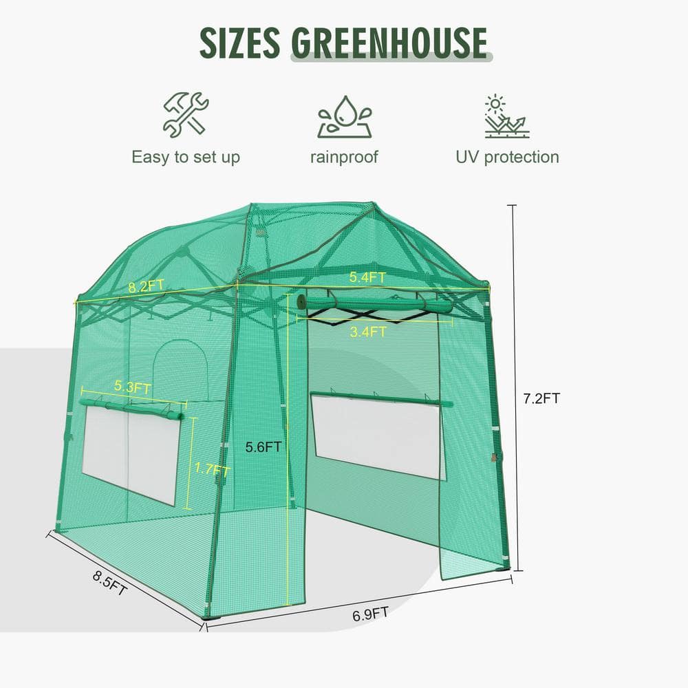 8.5 ft. x 7 ft. x 7 ft. Walk-in Greenhouse, Portable Pop-up with Adjustable Heights & Durable PE Cover - Hercitys
