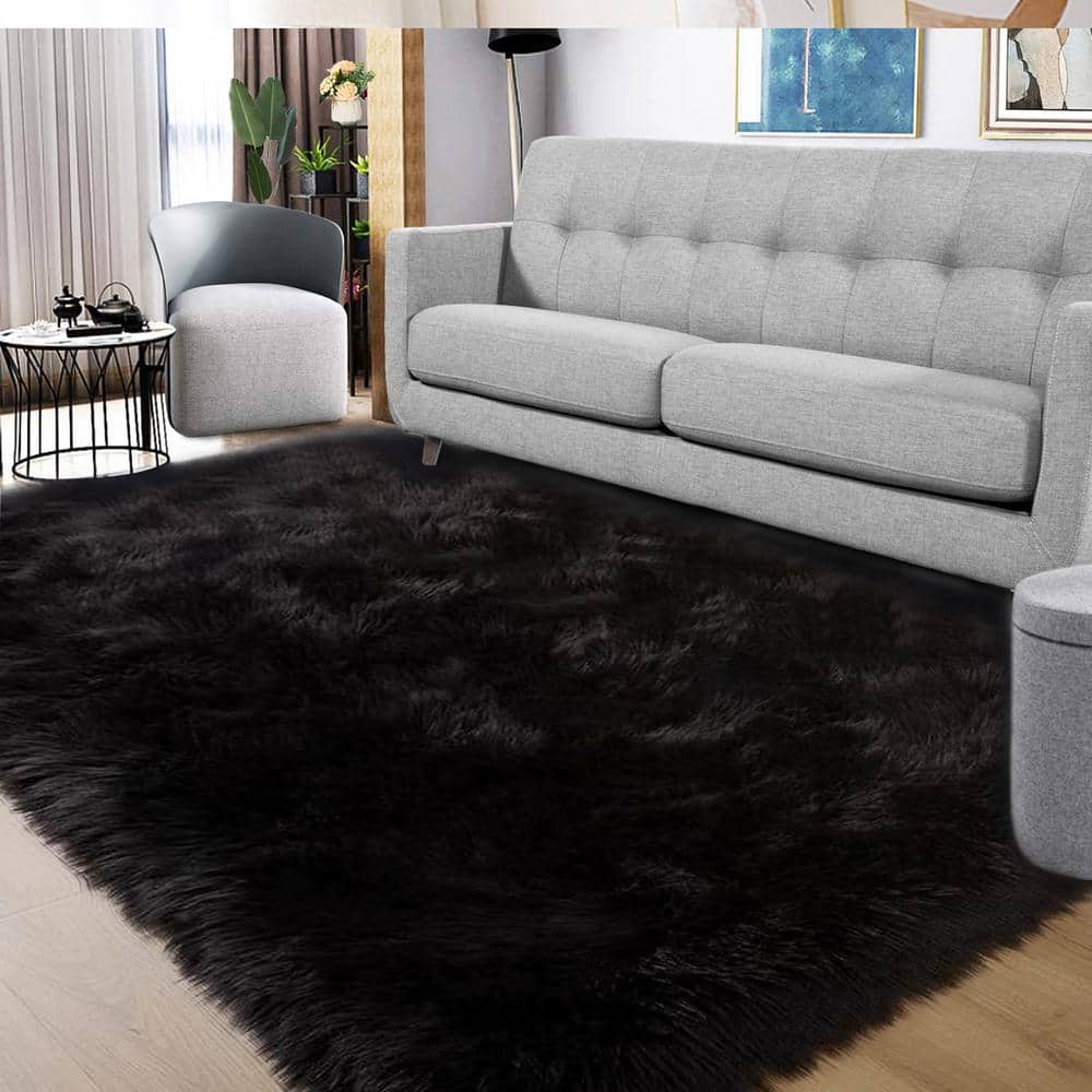 Sheepskin Faux Fur Black 5 ft. x 7 ft. Cozy Fluffy Rugs Area Rug - Hercitys