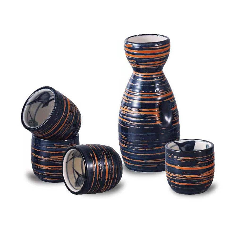 6 oz. Blue Sake Set 1 Tokkuri Bottle and 4 Ochoko Cups - Hercitys