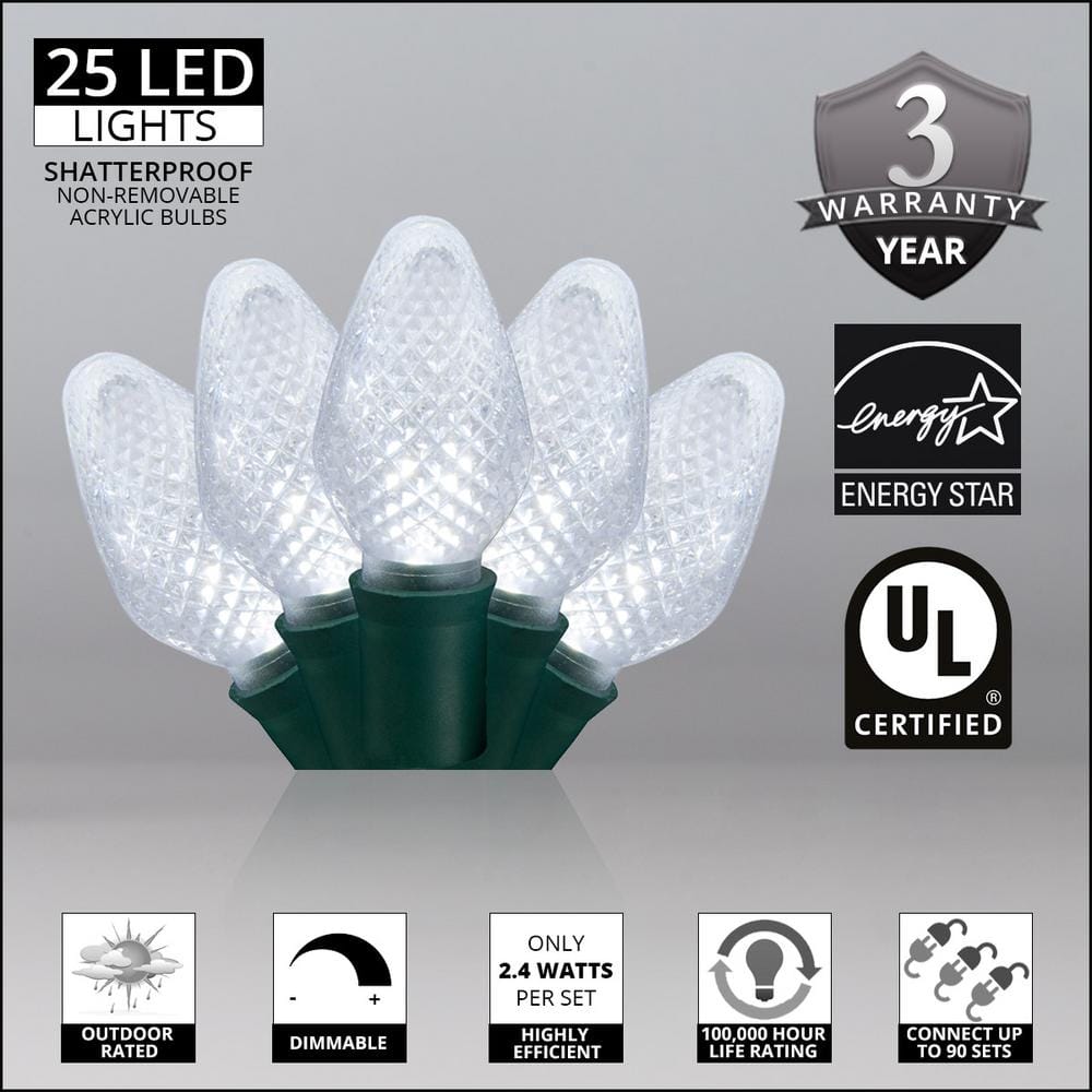 SuperBright 16 ft. 25-Light Cool White C7 String LED Light Set - Hercitys