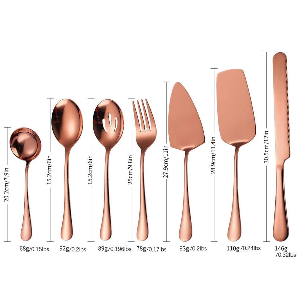 7-Piece Rose Gold Stainless Steel Flatware Serving Set Catering Utensil Include Soup Ladle Slotted Spoon and Server Fork - Hercitys