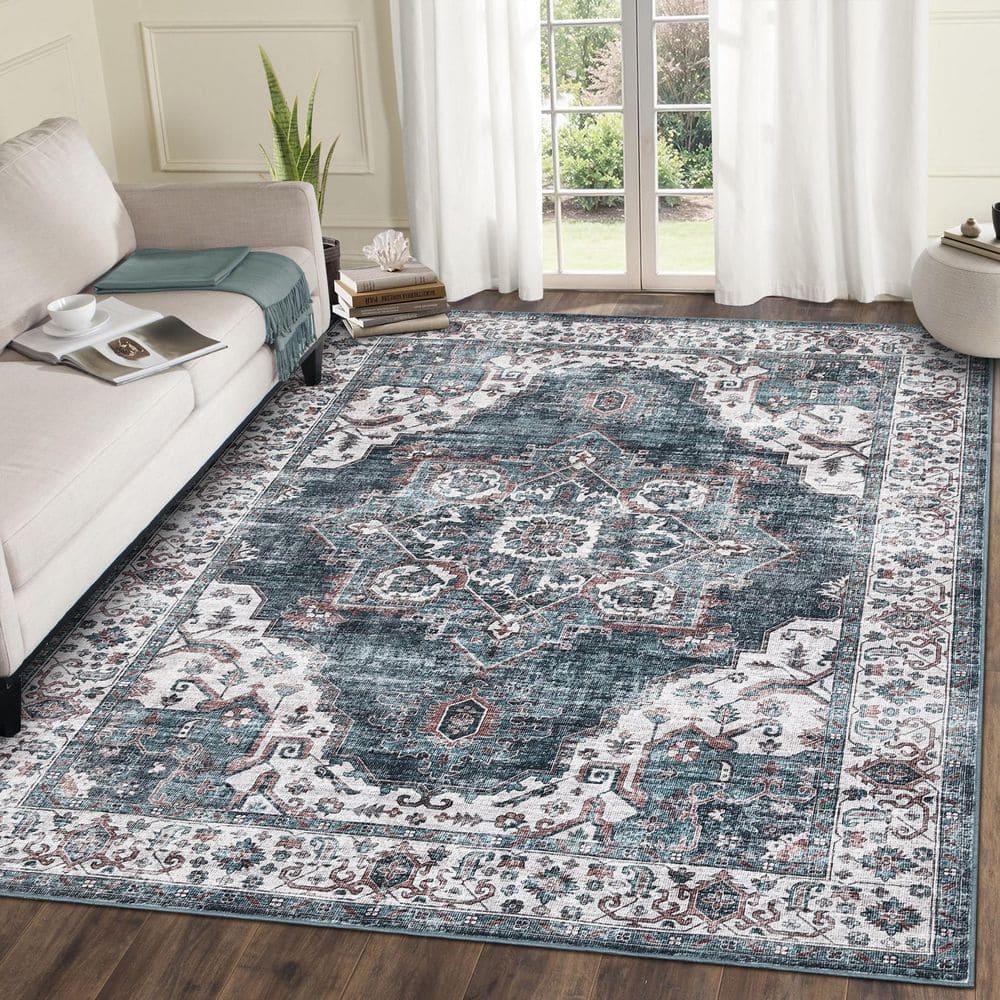 Ultra-Thin Washable Vintage Floral Rug Soft Non-Slip for Bedroom Living Room Office Blue 5 ft. x 7 ft. Area Rug - Hercitys