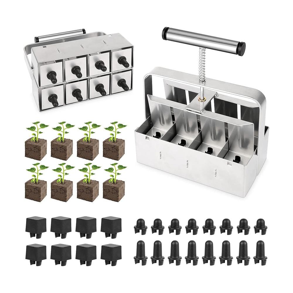 8-Cell Stainless Steel Hand-Held Manual Soil Blocker Seed Stater Tray with 3 Seed Pins for Outdoor Plant Garden, Gray - Hercitys