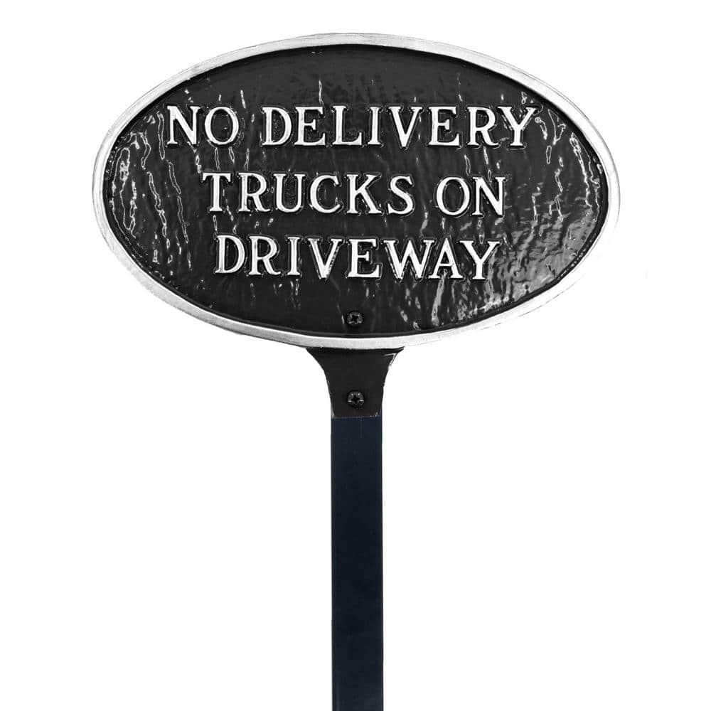 No Delivery Trucks on Driveway Small Oval Statement Plaque with 17.5 in. Lawn Stake-Black/Silver - Hercitys