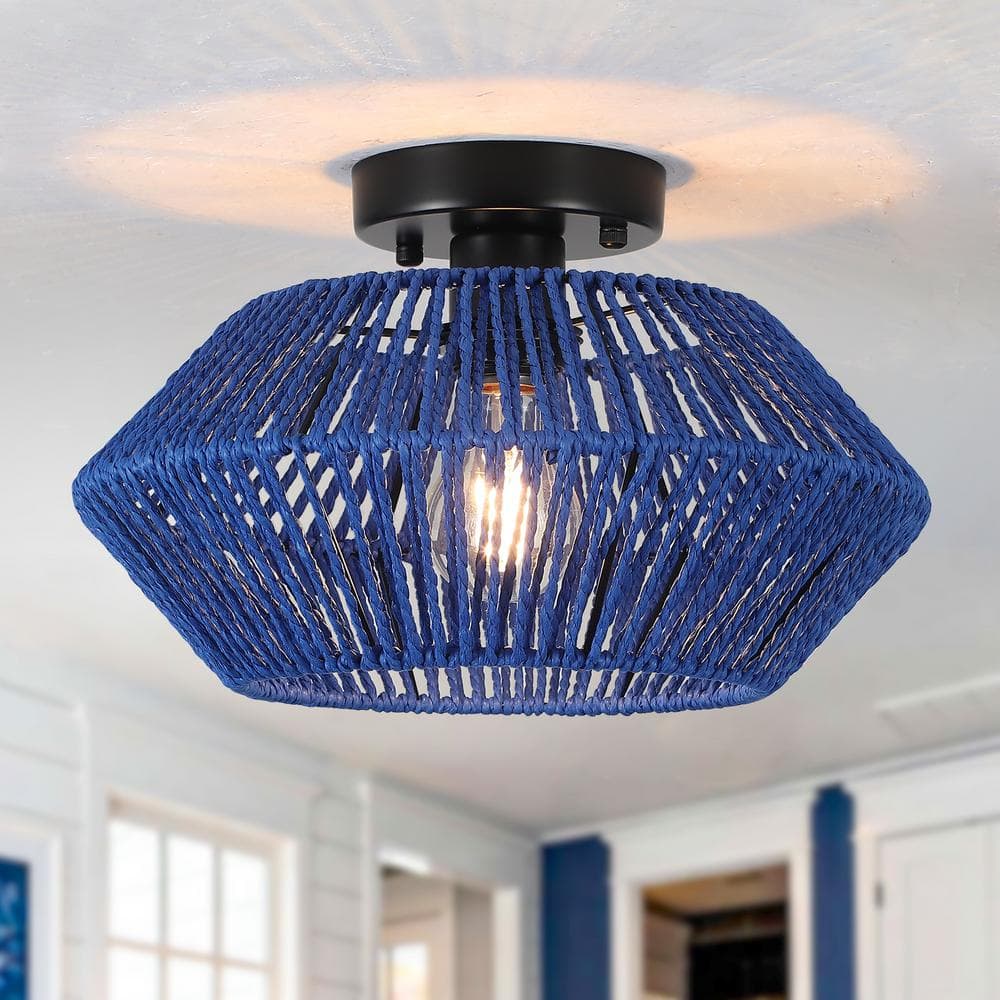 Semiko 12.6 in. 1-Light Blue Hand-Woven Rattan Caged Semi Flush Mount Ceiling Light With Shade - Hercitys