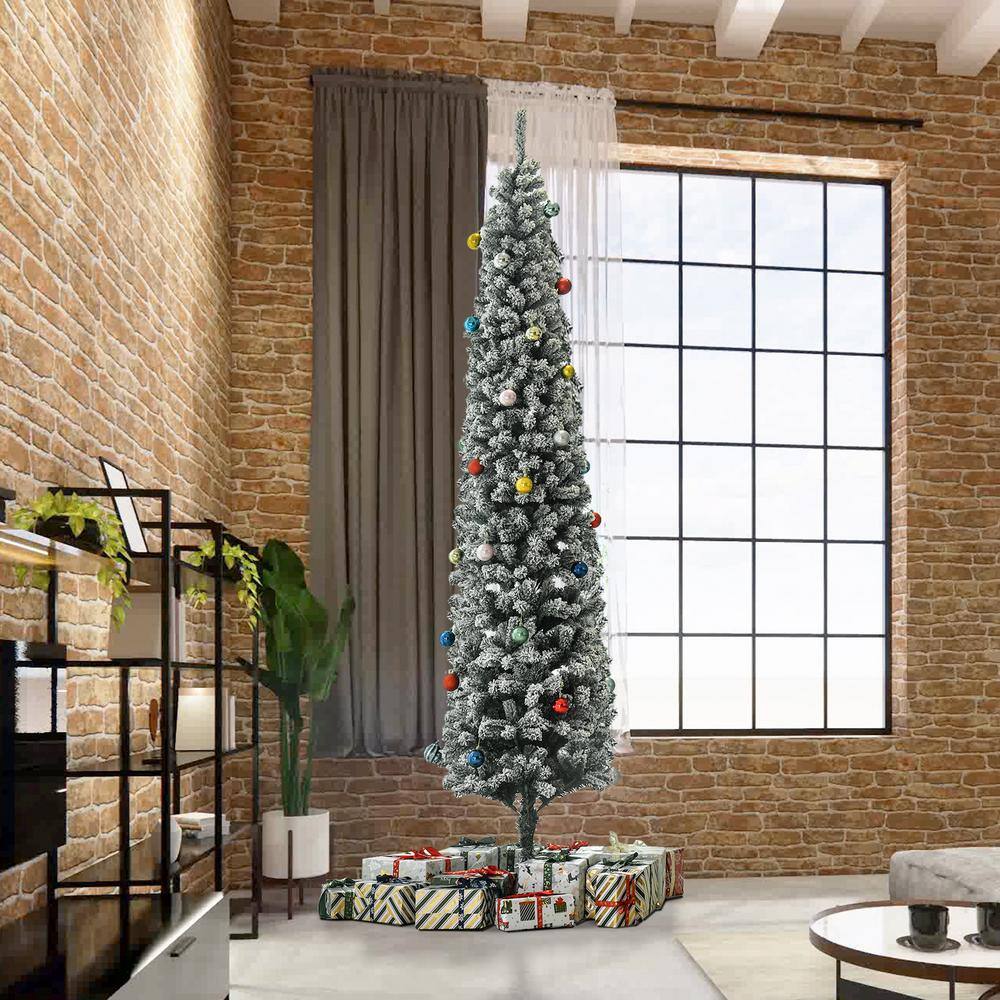 9 ft. Artificial Christmas Tree Snow Flocked, Winter Style Holiday Pencil Tree with Foldable Steel Stand - Hercitys