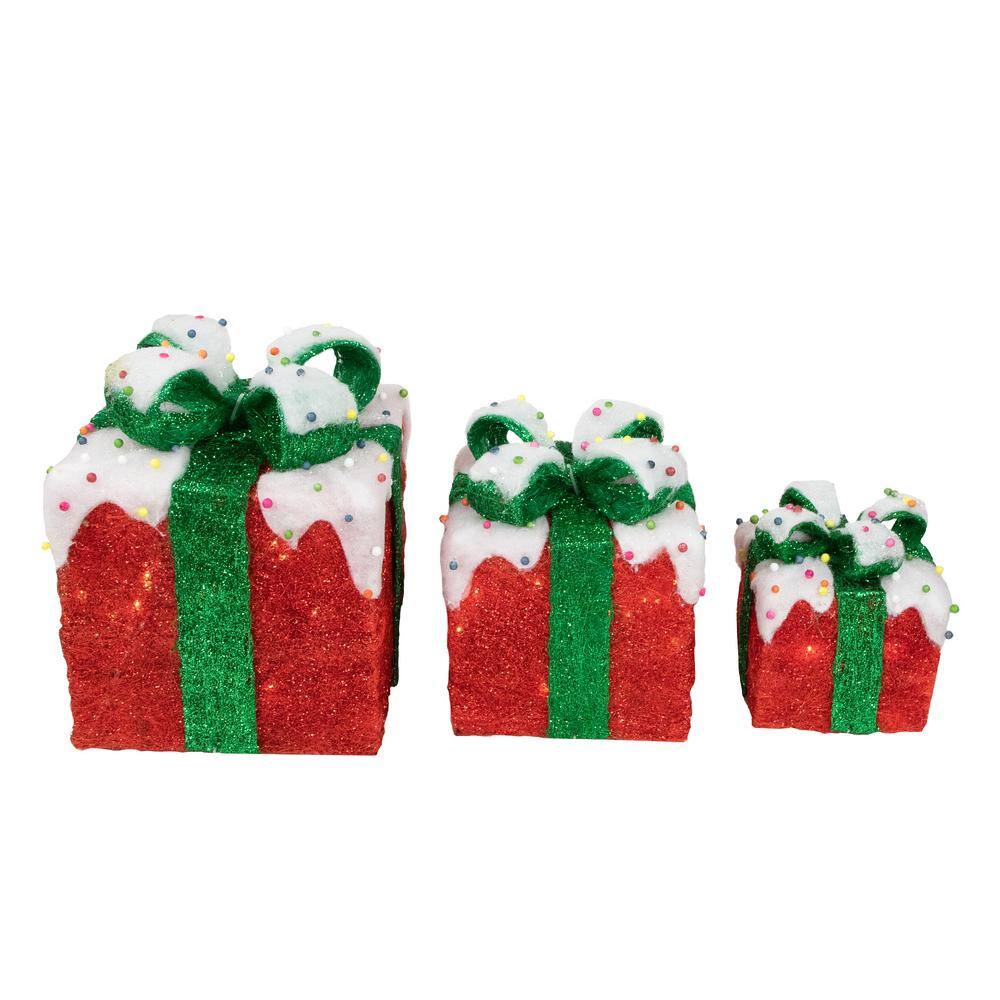 Lighted Snow and Candy Covered Sisal Gift Boxes Christmas Outdoor Decorations (Set of 3) - Hercitys
