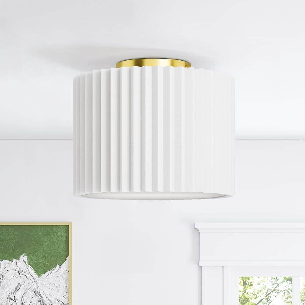 Regan 11 in. Brass-Colored Modern Semi-Recessed Ceiling Light with White Lampshade - Hercitys