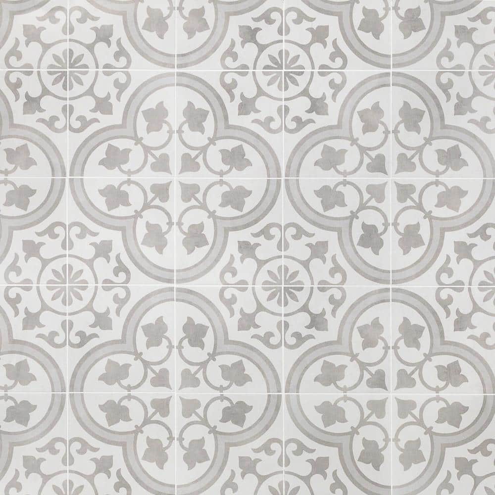 Sintra Silver Ornate Encaustic 9 in. x 9 in. Mate Porcelain Floor and Wall Tile (13 pieces/6.99 sq. ft. /box) - Hercitys