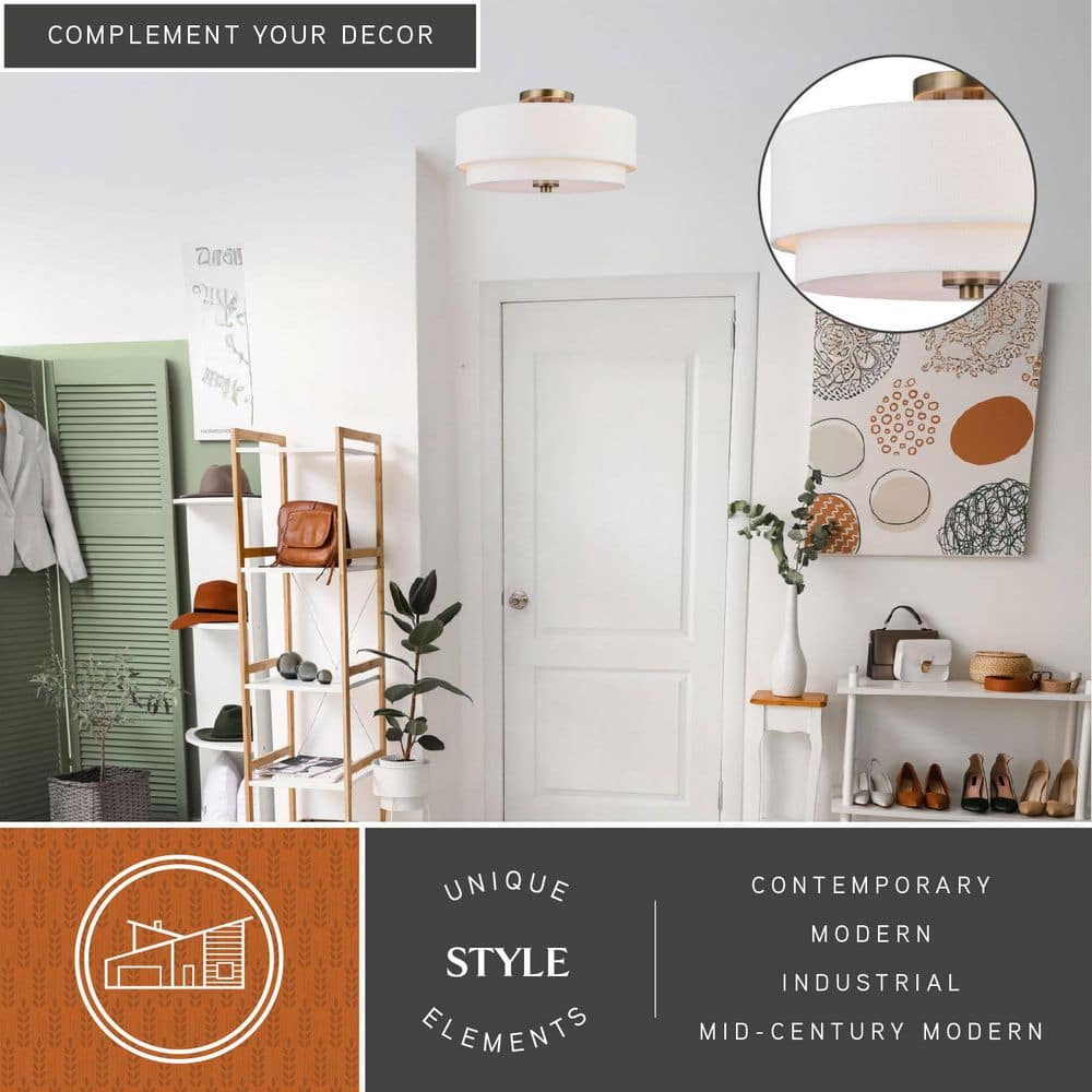 Burnaby 16 in. W Matte Brass Mid-Century Modern Semi Flush Mount Ceiling Light White Linen Drum Shade - Hercitys