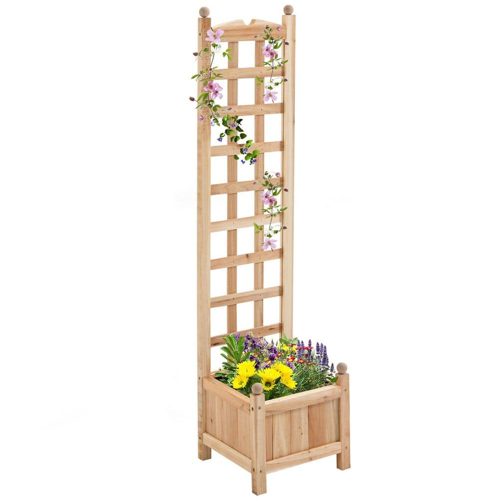Wooden Raised Garden Bed with Trellis, Outdoor Planter Box with Drainage for Climbing Vine Plants and Flowers - Hercitys