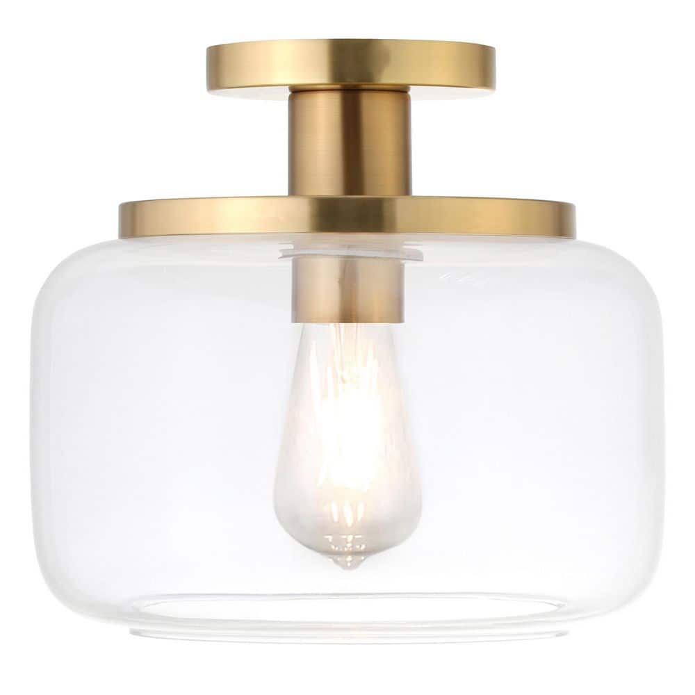 Tatum 11 in. Brushed Brass and Clear Semi Flush Mount with Glass Shade - Hercitys