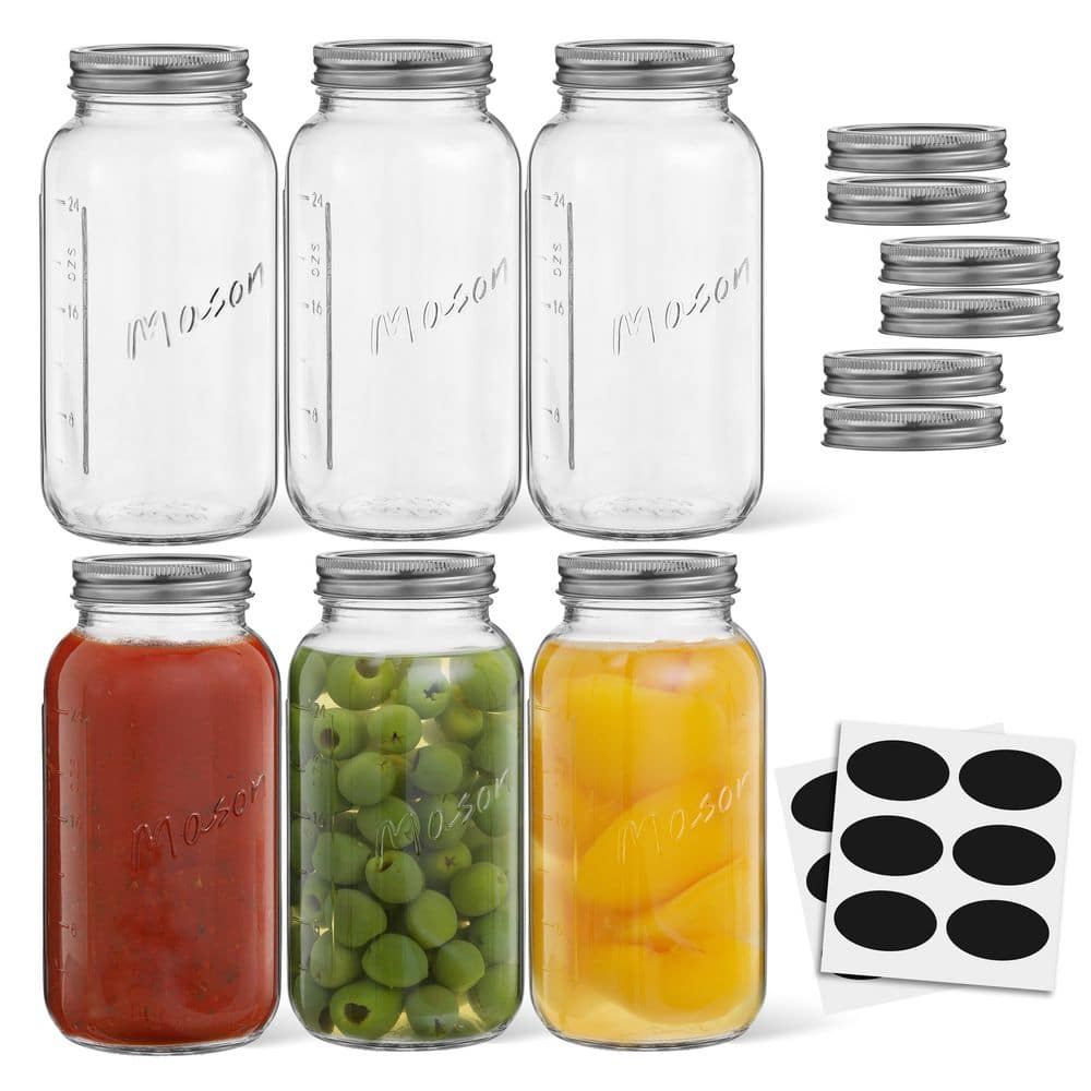 Regular Mason Jars with Airtight Lids, Labels and Measures, Lead Free Glass, 32 oz. Set of 6 - Hercitys