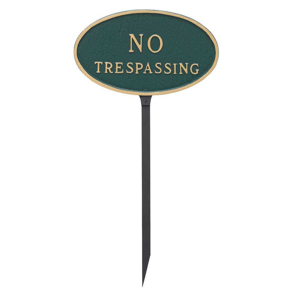 6 in. x 10 in. Small Oval No Trespassing Statement Plaque Sign with 23 in. Lawn Stake, Hunter Green with Gold Lettering - Hercitys
