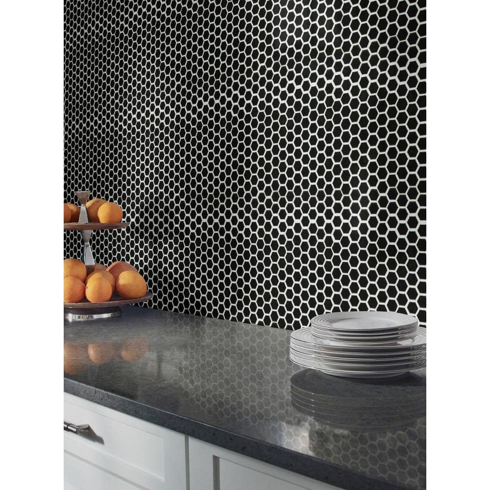 Retro Nero 1 in. Hexagon 10 in. x 12 in. x 0.24 in. Glossy Porcelain Mesh-Mounted Mosaic Tile (12.9 sq. ft./Case) - Hercitys