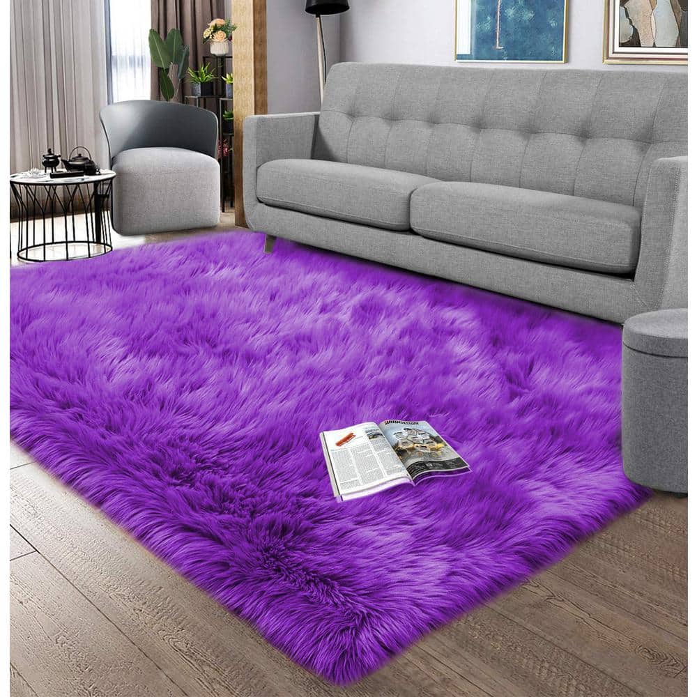 Sheepskin Faux Fur Purple 5 ft. x 7 ft. Cozy Fluffy Rugs Area Rug - Hercitys