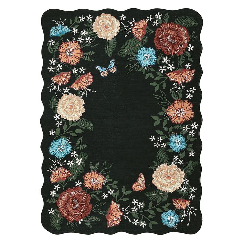 Wavy Edge Decorative Machine Washable Vintage Floral Printed Carpet for Bedroom Apartment Black 5 ft. x 7 ft. Area Rug - Hercitys