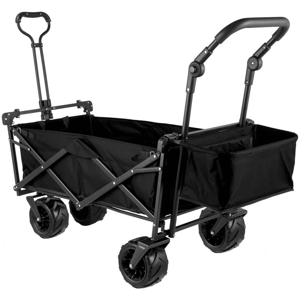Extra Large Collapsible Garden Cart with Removable Canopy Folding Utility Wagon with Wheels, Black, 3 cu. ft., Steel Bin - Hercitys