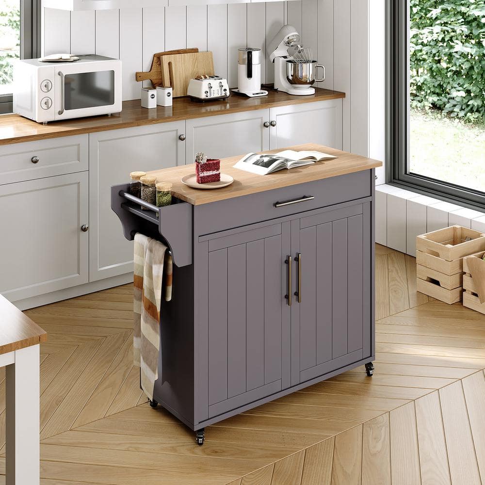 STICKON Grey Wood Rolling 35.1 in. Kitchen Island with Storage Cabinet - Hercitys